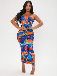 SHEIN SXY Marble Print Split Thigh Tube Dress - Multicolor - View 3