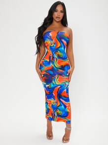 SHEIN SXY Marble Print Split Thigh Tube Dress - Multicolor - View 4