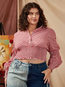 SHEIN Unity Plus Gingham Print Half Button Shirred Frill Trim Blouse - Red and White - View 4