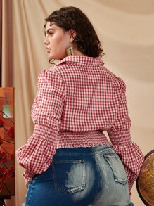 SHEIN Unity Plus Gingham Print Half Button Shirred Frill Trim Blouse - Red and White - View 2