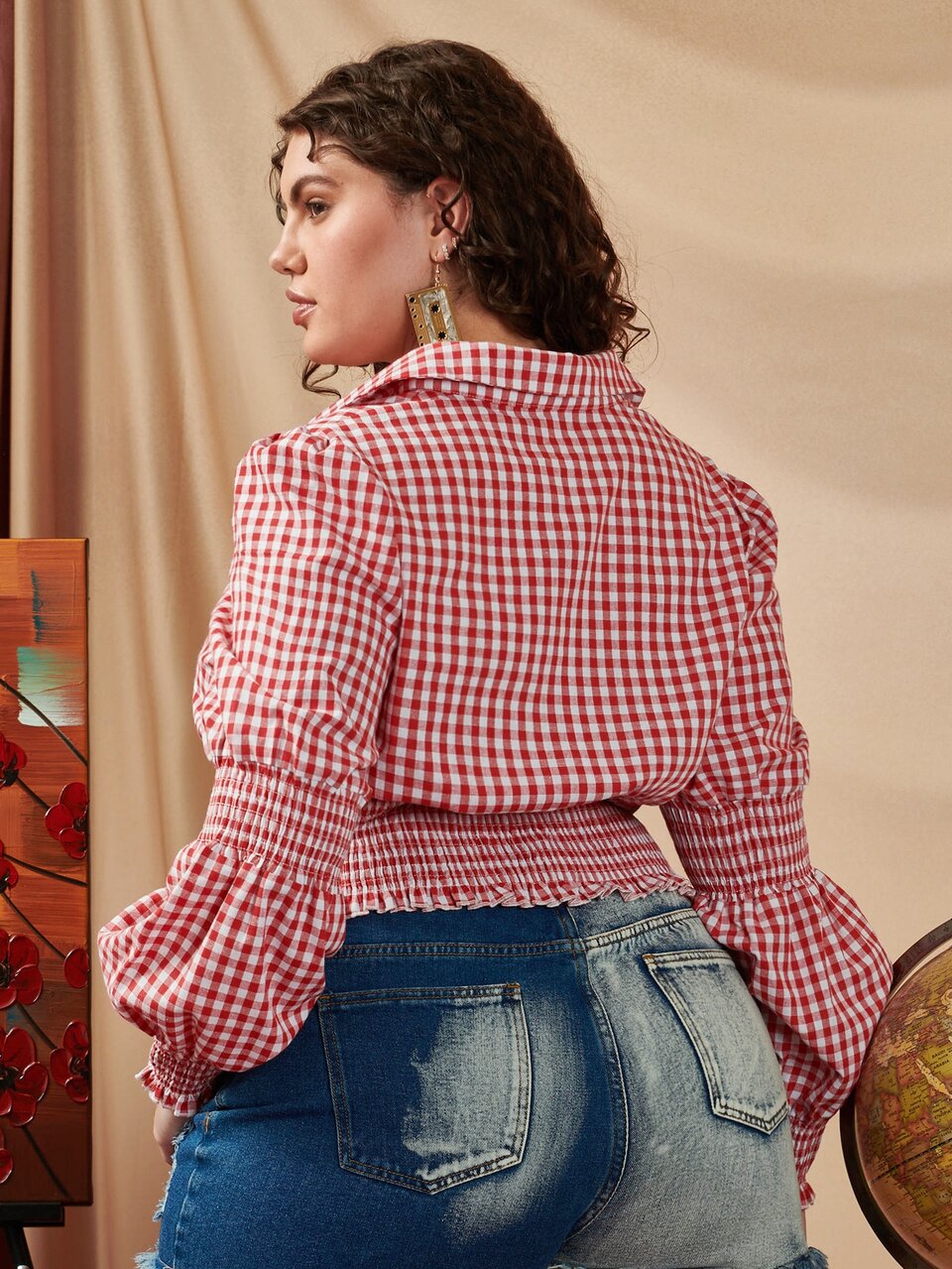 Plus Gingham Print Half Button Shirred Frill Trim Blouse