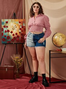 SHEIN Unity Plus Gingham Print Half Button Shirred Frill Trim Blouse - Red and White - View 1