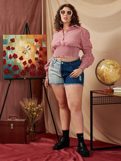 Blouse à carreaux à bouton à plis