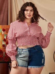 SHEIN Unity Plus Gingham Print Half Button Shirred Frill Trim Blouse - Red and White - View 3