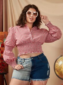 SHEIN Unity Plus Gingham Print Half Button Shirred Frill Trim Blouse - Red and White - View 5