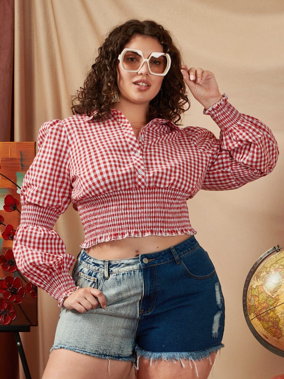 Plus Gingham Print Half Button Shirred Frill Trim Blouse