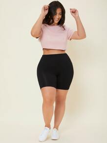 SHEIN Essnce 大碼素色高腰騎行褲 - 黑色 - 查看 3