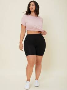 SHEIN Essnce 大碼素色高腰騎行褲 - 黑色 - 查看 4