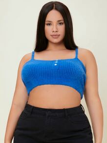 SHEIN Unity 大碼單排釦短款絨毛針織上衣 - 寶藍色 - 查看 4