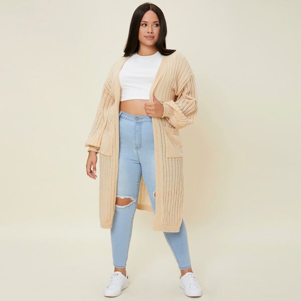 

Plus Drop Shoulder Dual Pocket Split Hem Cardigan, Apricot