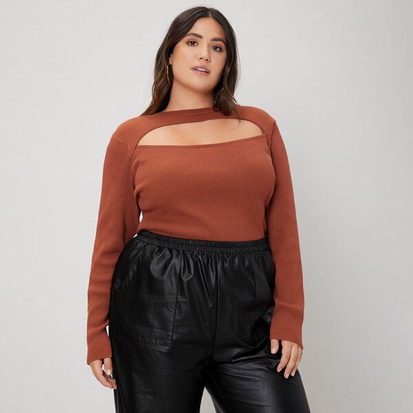 

Plus Cut out Front Ribbed Sweater, Brown