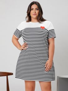 SHEIN EZwear Plus Heart Embroidery Striped Print Dress, Summer - Black and White - View 1