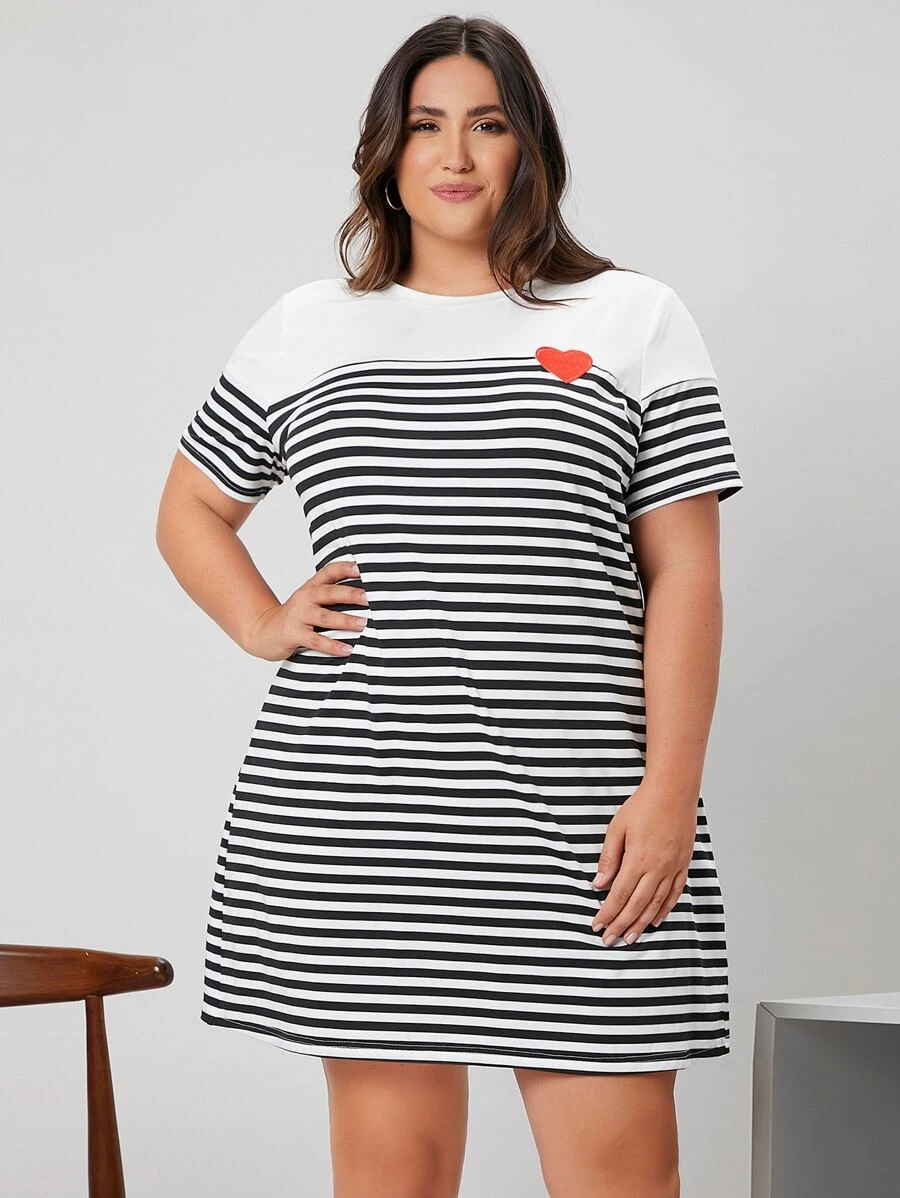 SHEIN EZwear Plus Heart Embroidery Striped Print Dress, Summer - Black and White - View 1