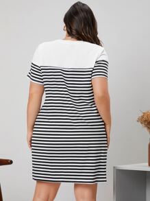 SHEIN EZwear Plus Heart Embroidery Striped Print Dress, Summer - Black and White - View 2