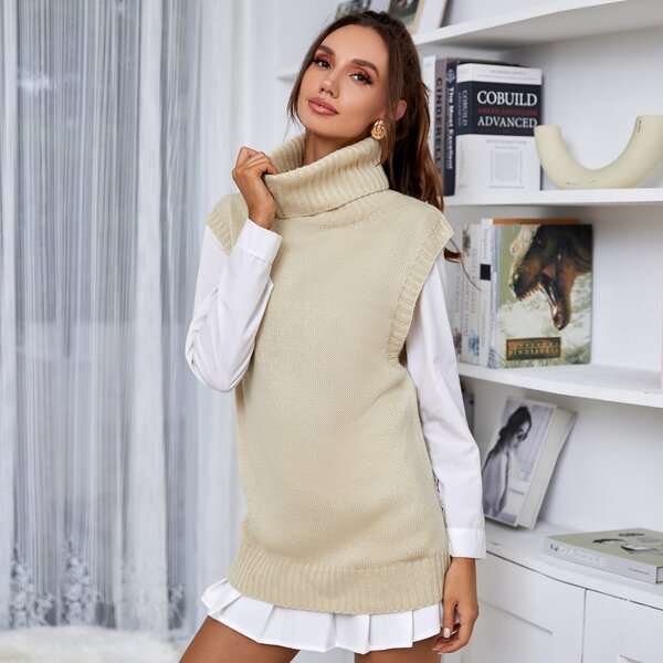 

Turtle Neck Sweater Vest Without Blouse, Apricot