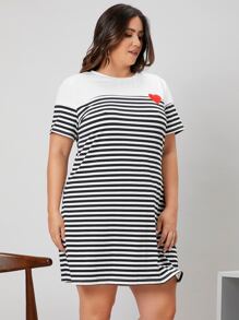 SHEIN EZwear Plus Heart Embroidery Striped Print Dress, Summer - Black and White - View 5
