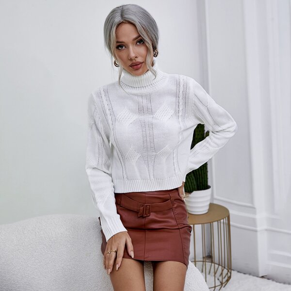 

Solid Turtleneck Cable Knit Sweater, White