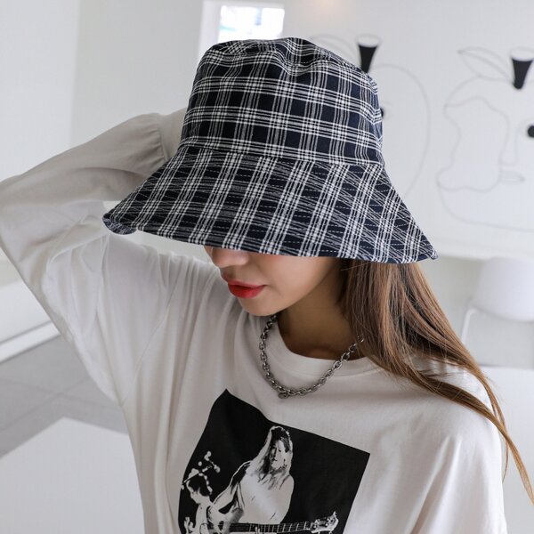 

Plaid Pattern Bucket Hat, Blue and white