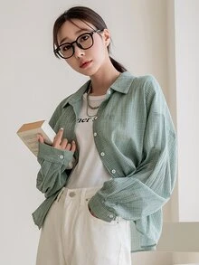 DAZY Camisa de cuadros de hombros caídos - Verde - Ver 4