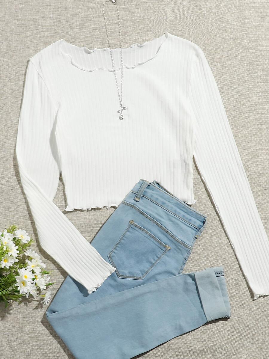 SHEIN Áo thun Plus size Xù nhỏ Gân đan màu trơn Giải trí - trắng - Xem 1