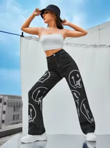 High Waist Cartoon Graphic Wide Leg Jeans - Black - View 1
