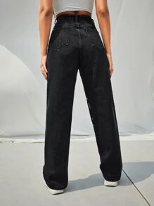 High Waist Cartoon Graphic Wide Leg Jeans - Black - View 2