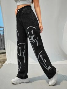High Waist Cartoon Graphic Wide Leg Jeans - Black - View 3