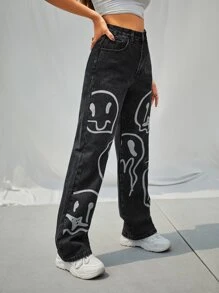 High Waist Cartoon Graphic Wide Leg Jeans - Black - View 4