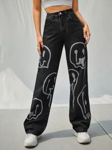 High Waist Cartoon Graphic Wide Leg Jeans - Black - View 5