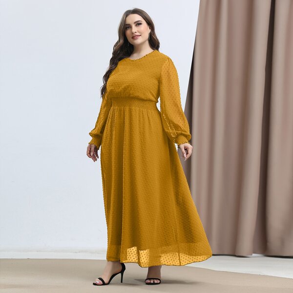 

Plus Swiss Dot Shirred Waist A-line Dress, Yellow