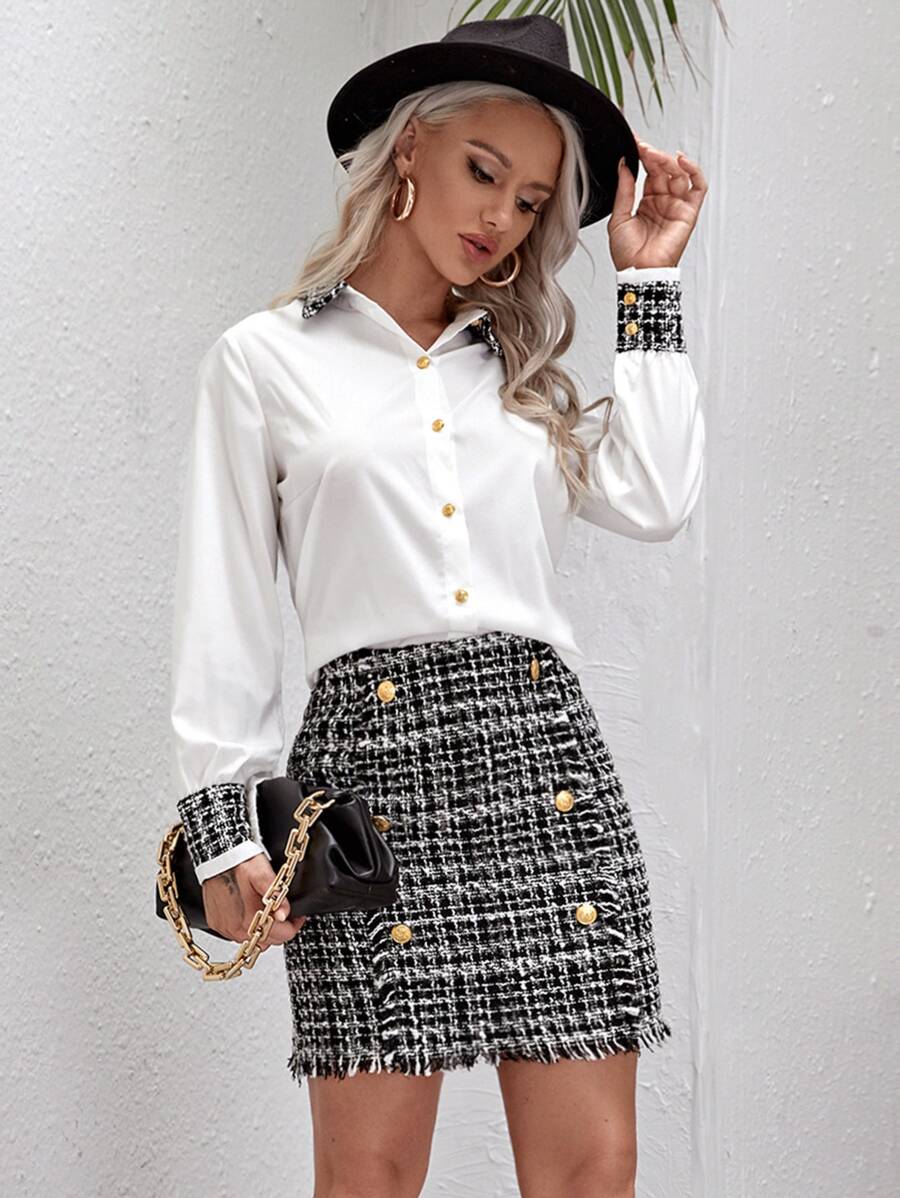 Plaid Pattern Blouse & Raw Trim Double Breasted Skirt - Black and White - View 1