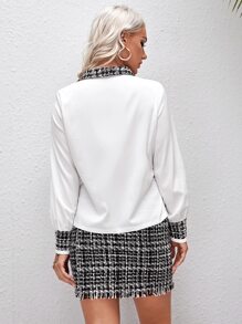 Plaid Pattern Blouse & Raw Trim Double Breasted Skirt - Black and White - View 2