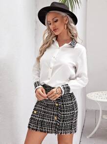 Plaid Pattern Blouse & Raw Trim Double Breasted Skirt - Black and White - View 5