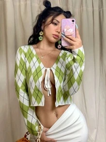 Cárdigan con patrón de rombo con cordón delantero - Multicolor - Ver 1