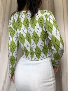 Cárdigan con patrón de rombo con cordón delantero - Multicolor - Ver 2