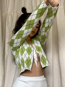 Cárdigan con patrón de rombo con cordón delantero - Multicolor - Ver 3