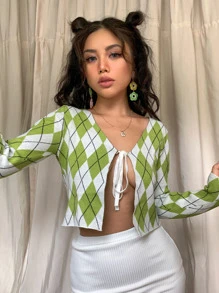 Cárdigan con patrón de rombo con cordón delantero - Multicolor - Ver 5