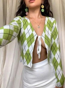 Cárdigan con patrón de rombo con cordón delantero - Multicolor - Ver 4