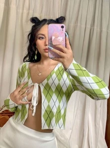 Cárdigan con patrón de rombo con cordón delantero - Multicolor - Ver 6