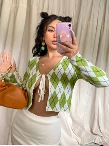 Cárdigan con patrón de rombo con cordón delantero - Multicolor - Ver 8