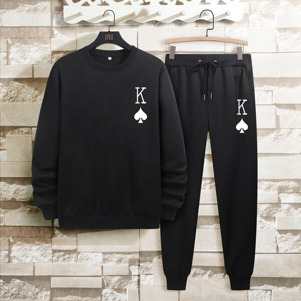 

Men Playing Cards Sweatshirt & Drawstring Detail Sweatpants Set, Black