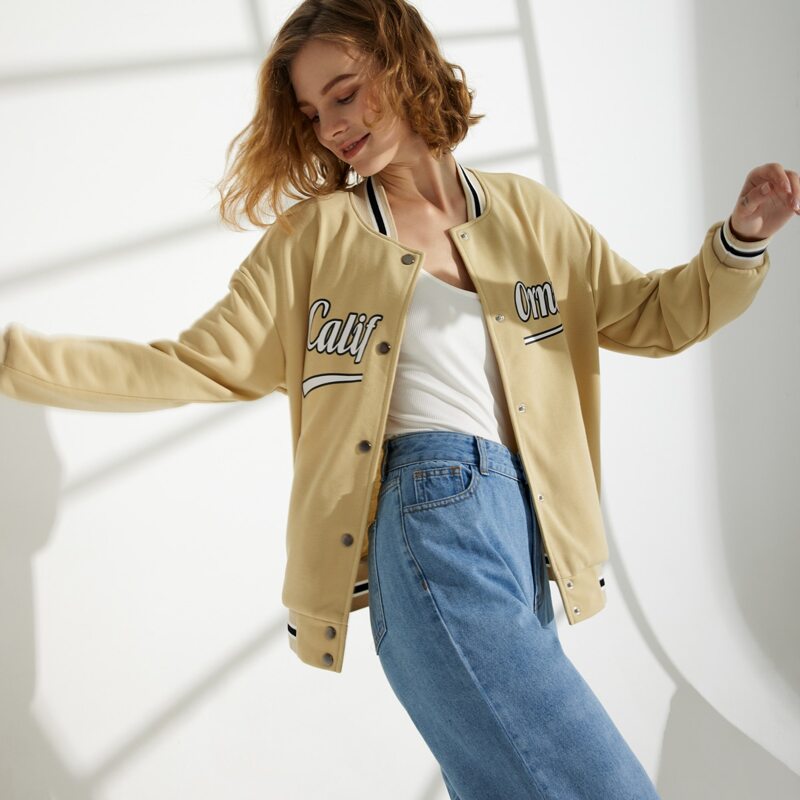 

Letter Button Front Baseball Jacket, Apricot