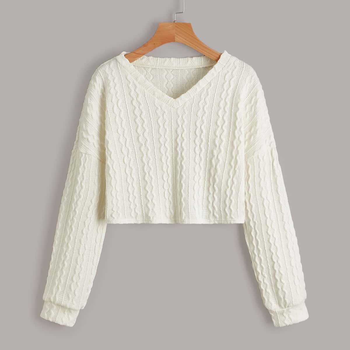 

Solid Cable Knit Crop Sweater, Beige