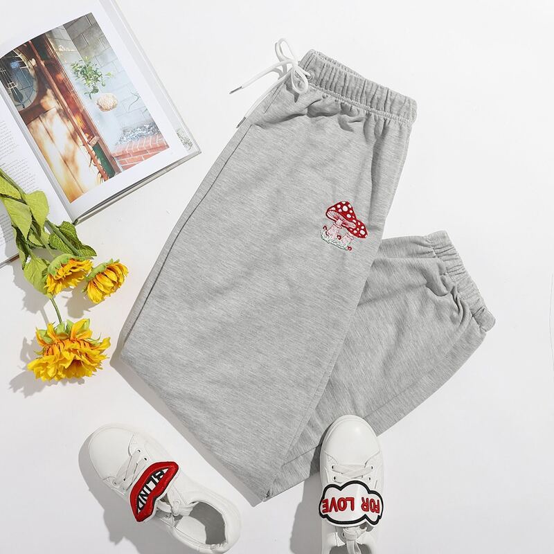 

Mushroom Embroidery Drawstring Sweatpants, Light grey