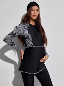 SHEIN 4packs Maternity Geo Print Burkini & Hat Summer Beach - Black - View 1