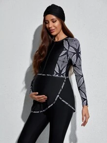 SHEIN 4packs Maternity Geo Print Burkini & Hat Summer Beach - Black - View 3