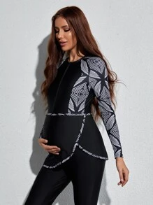 SHEIN 4packs Maternity Geo Print Burkini & Hat Summer Beach - Black - View 5