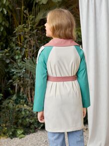 SHEIN Niñas Abrigo de color combinado de manga raglán con botones con cinturón - Multicolor - Ver 2