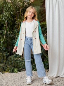 SHEIN Niñas Abrigo de color combinado de manga raglán con botones con cinturón - Multicolor - Ver 3