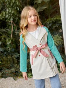 SHEIN Niñas Abrigo de color combinado de manga raglán con botones con cinturón - Multicolor - Ver 4